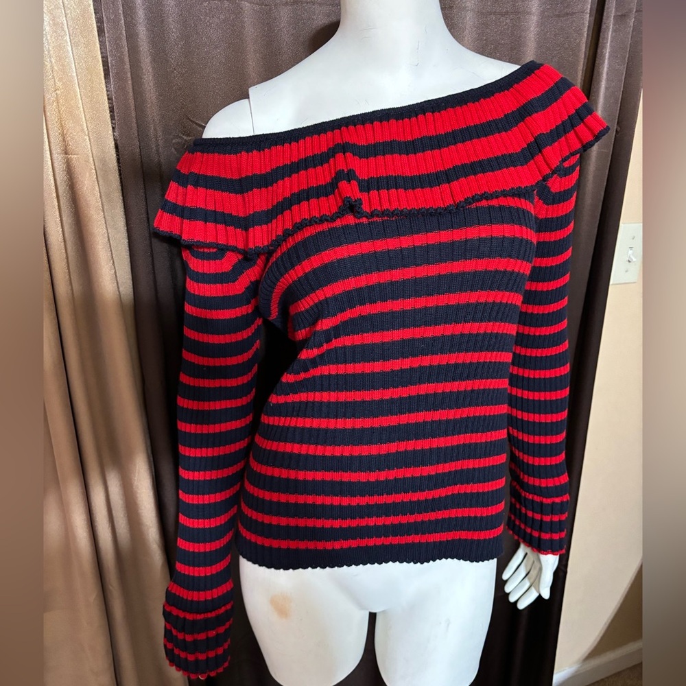 Striped Off-Shoulder Sweater - Red and Blue